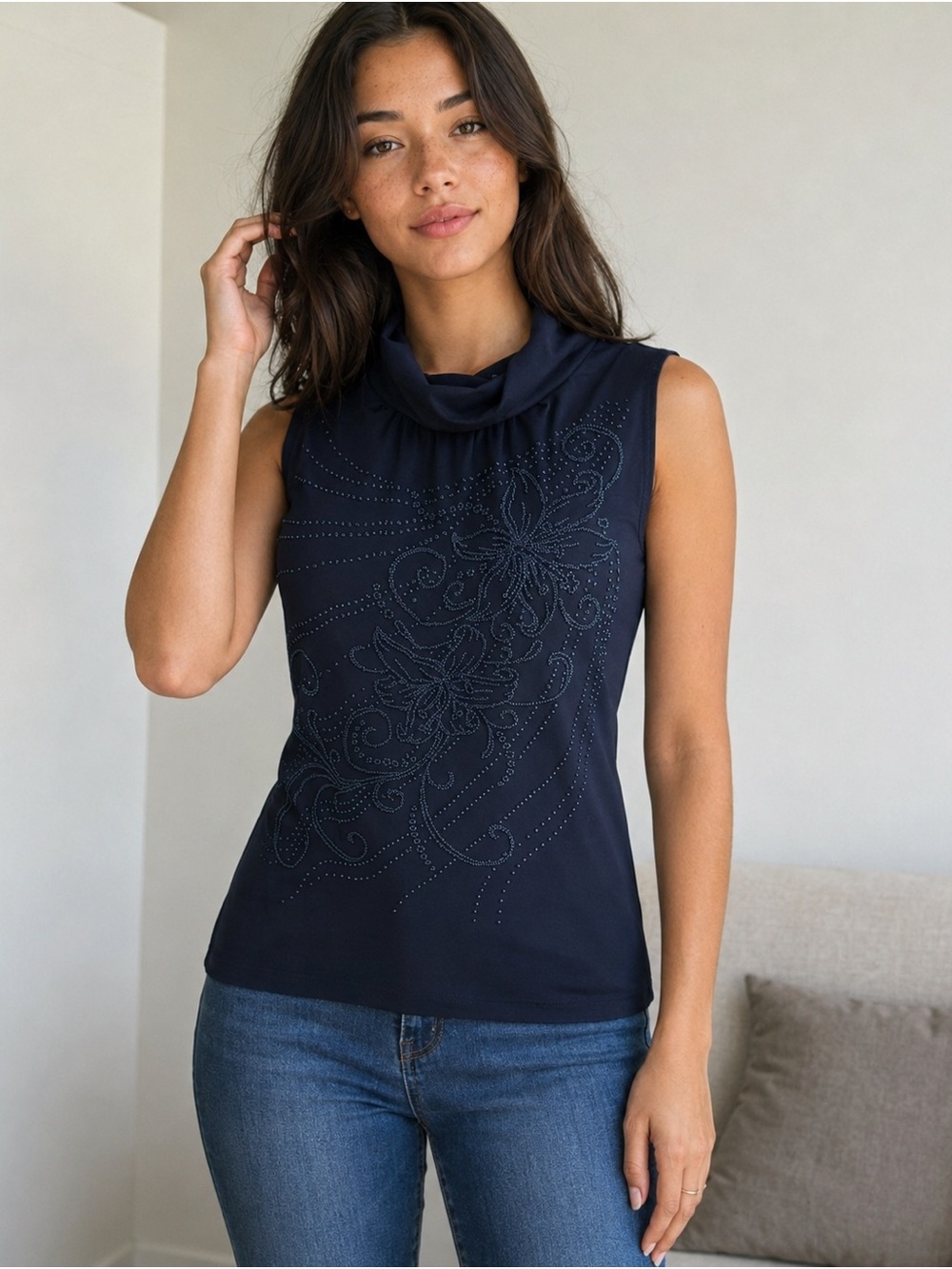 Sleeveless Navy Cowl Neck Top with Embellished Floral Design